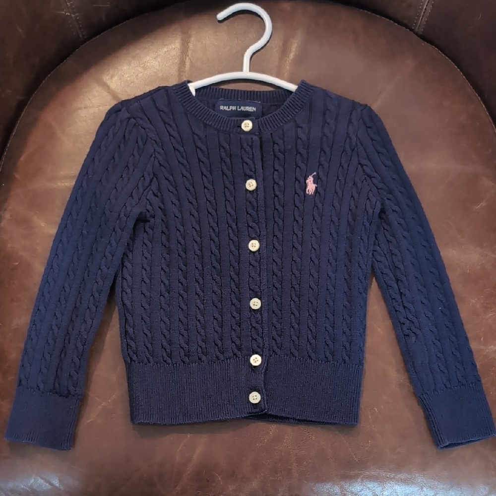 Ralph Lauren Navy Cable Knit Cardigan with Pink Polo Emblem, 2T